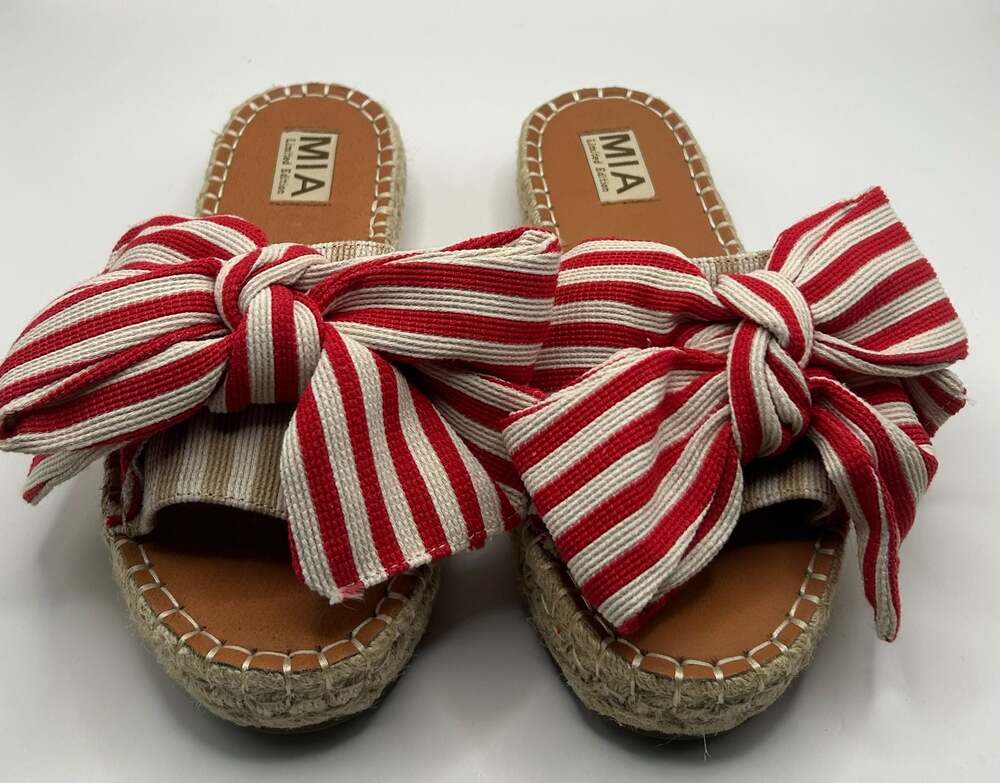 MIA Limited Edition Danielle Red and White Striped Bow Slide Sandals